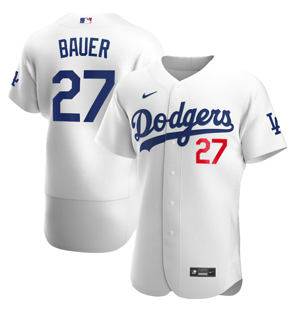 Men's Los Angeles Dodgers #27 Trevor Bauer White Flex Base Sttiched MLB Jersey