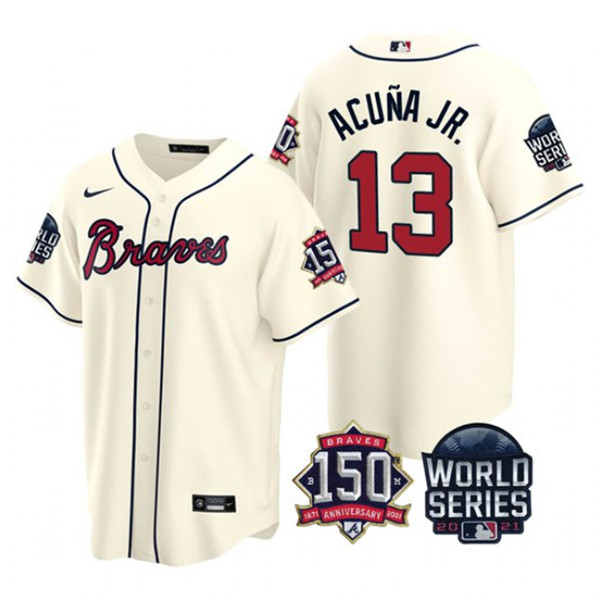 Men's Atlanta Braves #13 Ronald Acuna Jr. 2021 Cream World Series With 150th Anniversary Patch Cool Base Stitched Jersey
