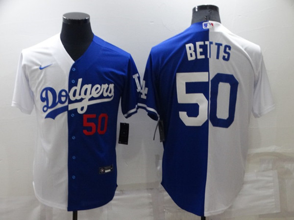 Men's Los Angeles Dodgers #50 Mookie Betts White/Blue Split Cool Base Stitched Baseball Jersey