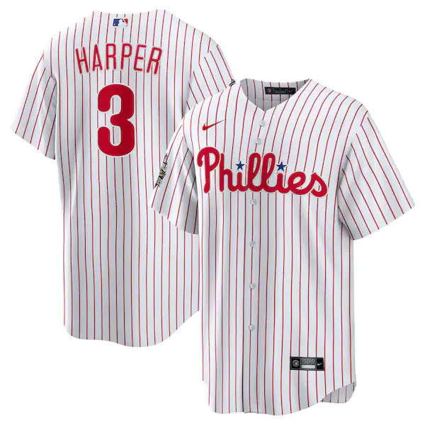 Men's Philadelphia Phillies #3 Bryce Harper White 2022 World Series Cool Base Stitched Baseball Jersey