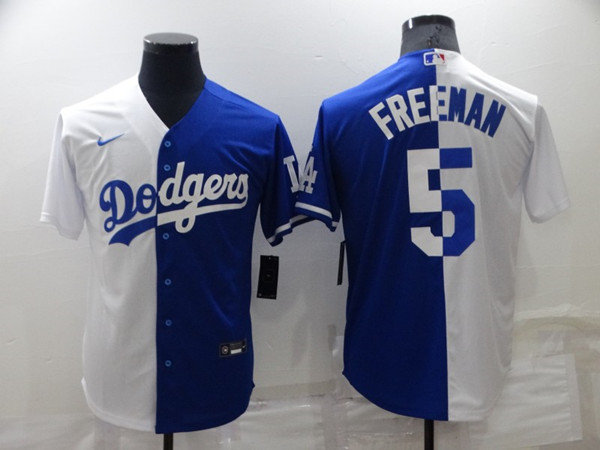 Men's Los Angeles Dodgers #5 Freddie Freeman White/Blue Split Cool Base Stitched Baseball Jersey