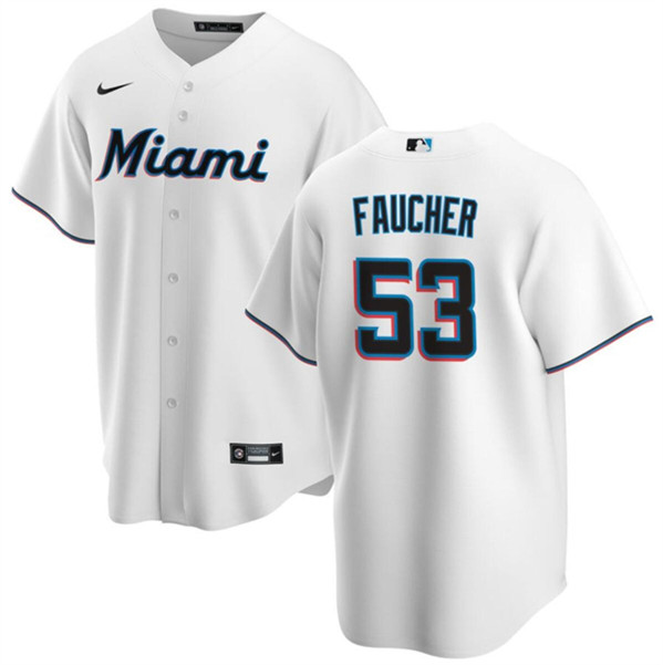 Men's Miami Marlins #53 Calvin Faucher White Cool Base Baseball Stitched Jersey