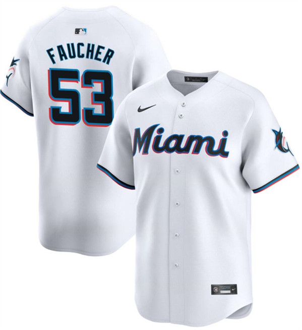 Men's Miami Marlins #53 Calvin Faucher White Home Limited Baseball Stitched Jersey