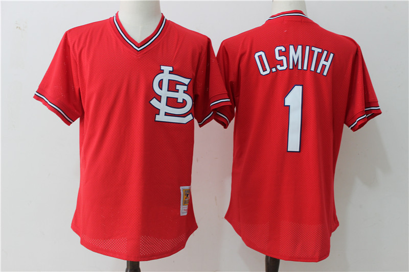 Men's St.Louis Cardinals #1 Ozzie Smith Mitchell & Ness Red 1985 Authentic Throwback Mesh Batting Practice Stitched MLB Jersey