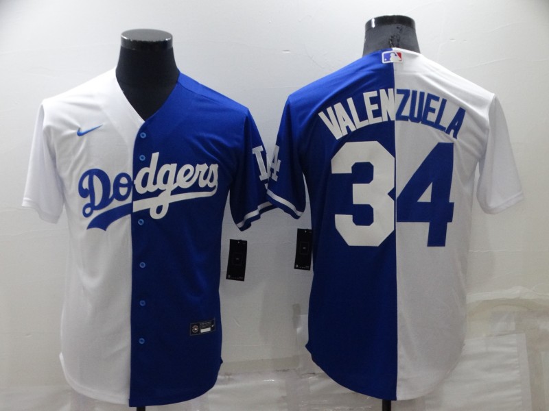 Men's Los Angeles Dodgers #34 Toro Valenzuela White/Blue Split Cool Base Stitched Baseball Jersey
