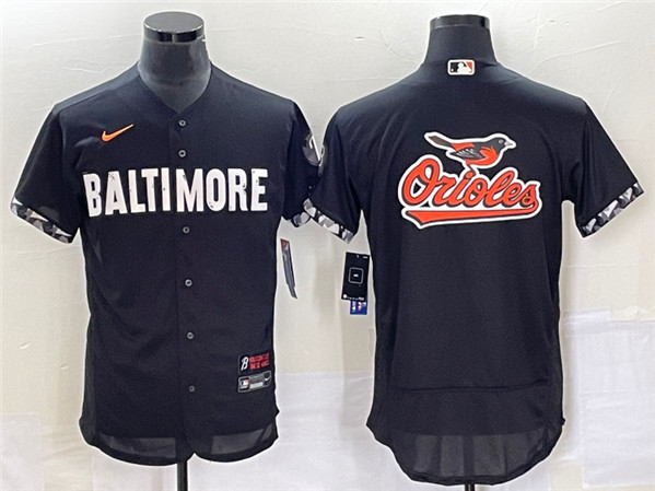 Men's Baltimore Orioles Big Team Logo In Back Black 2023 City Connect Flex Base Stitched Baseball Jersey