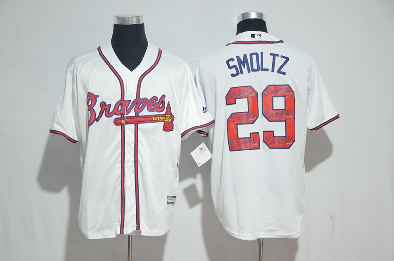 Men's Atlanta Braves #29 John Smoltz White Team Logo Print Cool Base Stitched MLB Jersey