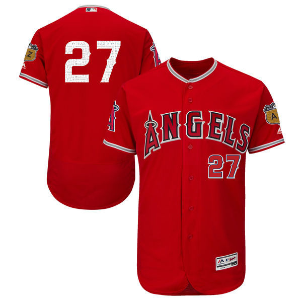 Men's Los Angeles Angels of Anaheim #27 Mike Trout Majestic Scarlet 2017 Spring Training Authentic Flex Base Player Stitched MLB Jersey
