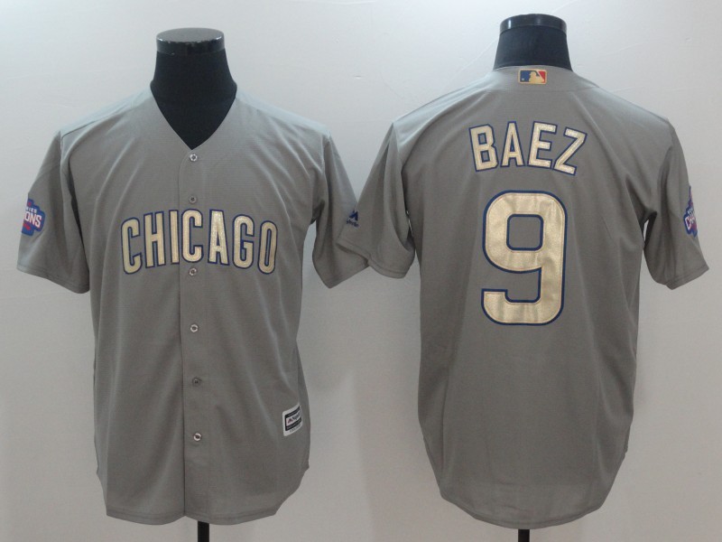 Men's Chicago Cubs #9 Javier Baez Gray World Series Champions Gold Program Cool Base Stitched MLB Jersey