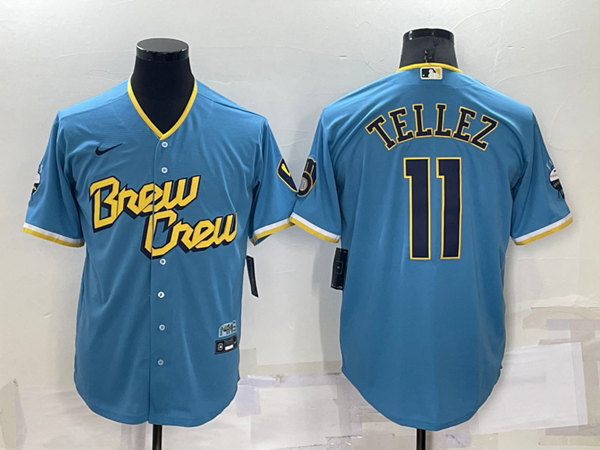 Men's Milwaukee Brewers #11 Rowdy Tellez 2022 Powder Blue City Connect Cool Base Stitched Jersey