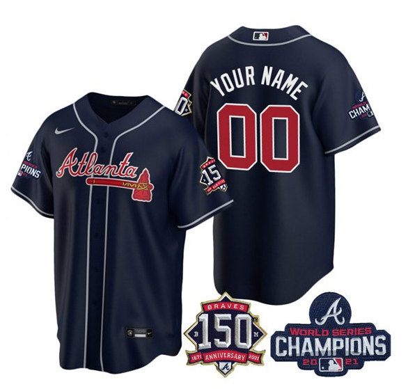 Men's Atlanta Braves Customized 2021 Navy World Series Champions With 150th Anniversary Cool Base Stitched Jersey