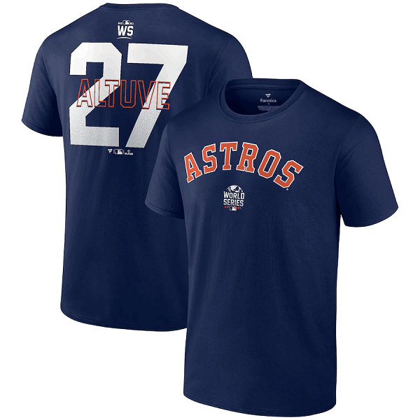Men's Houston Astros #27 Jose Altuve 2021 Navy World Series Bound Closer Name & Number T-Shirt