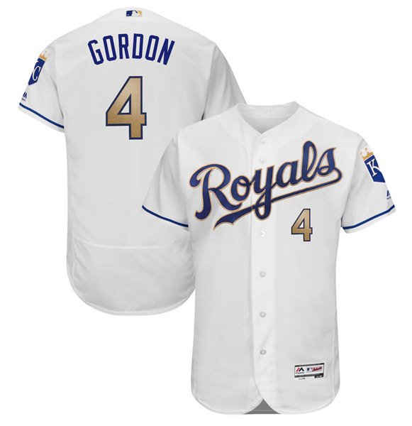 Men's Kansas City Royals #4 Alex Gordon White/Gold Flex Base Stitched Jersey