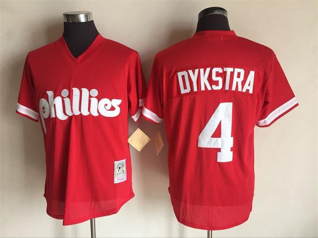 Men's Philadelphia Phillies #4 Lenny Dykstra Mitchell and Ness Red 1991 Throwback Stitched MLB Jersey