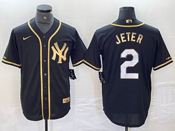 Men's New York Yankees #2 Derek Jeter Black Gold Cool Base Stitched Baseball Jersey