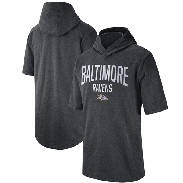 Men's Baltimore Ravens Heathered Charcoal Sideline Training Hooded Performance T-Shirt