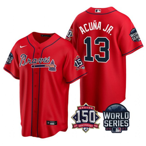 Men's Atlanta Braves #13 Ronald Acuna Jr. 2021 Red World Series With 150th Anniversary Patch Cool Base Stitched Jersey
