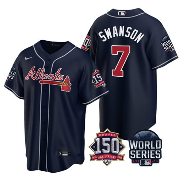 Men's Atlanta Braves #7 Dansby Swanson 2021 Navy World Series With 150th Anniversary Patch Cool Base Stitched Jersey