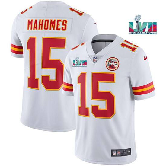 Men's Kansas City Chiefs #15 Patrick Mahomes White Super Bowl LVII Patch Vapor Untouchable Limited Stitched Jersey