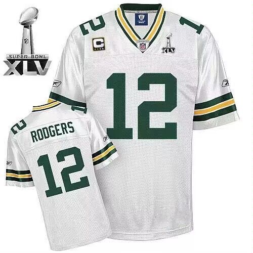 Men's Green Bay Packers #12 Aaron Rodgers White With Super Bowl XLV and C Patch Stitched Football Jersey