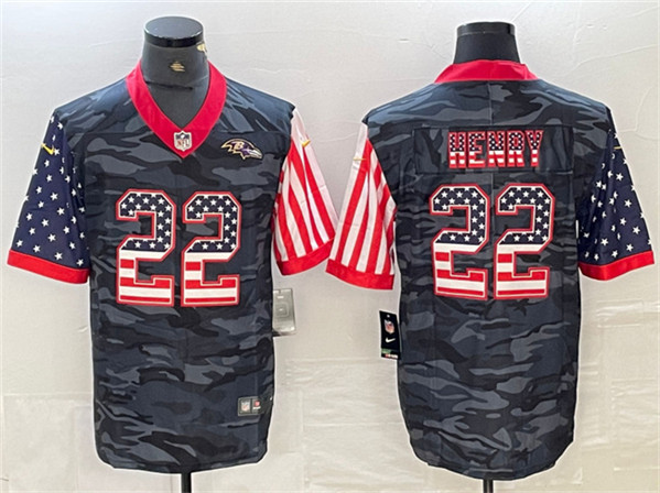 Men's Baltimore Ravens #22 Derrick Henry Camo USA Flag Limited Football Stitched Jersey
