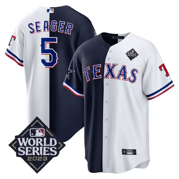 Men's Texas Rangers #5 Corey Seager White/Navy split 2023 World Series Cool Base Stitched Baseball Jersey