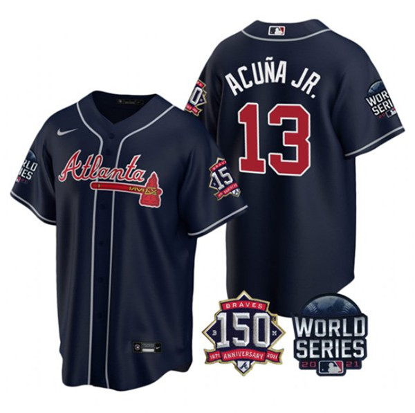 Men's Atlanta Braves #13 Ronald Acuna Jr. 2021 Navy World Series With 150th Anniversary Patch Cool Base Stitched Jersey