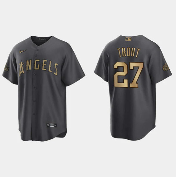 Men's Los Angeles Angels #27 Mike Trout 2022 All-star Charcoal Cool Base Stitched Jersey