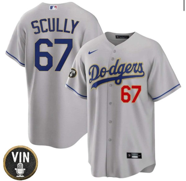 Men's Los Angeles Dodgers #67 Vin Scully Gray 2022 White Vin Scully Patch Cool Base Stitched Baseball Jersey