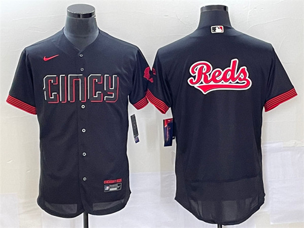 Men's Cincinnati Reds Black 2023 City Connect Big Team Logo Flex Base Stitched Jersey