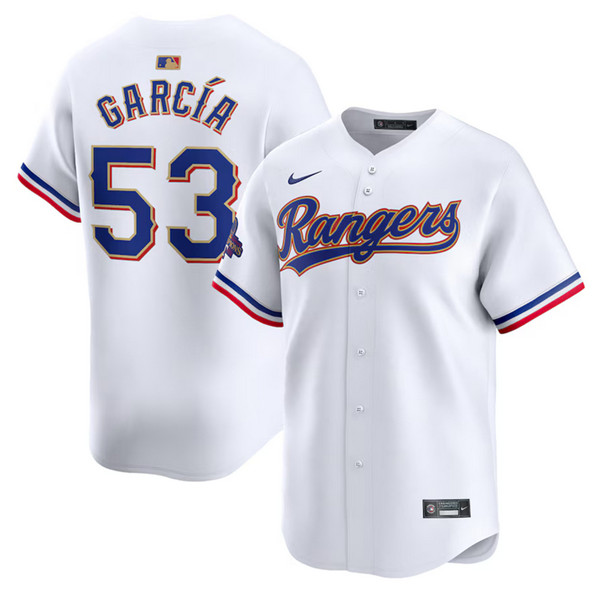 Men's Texas Rangers #53 Adolis Garcia White 2024 Gold Collection Cool Base Baseball Stitched Jersey