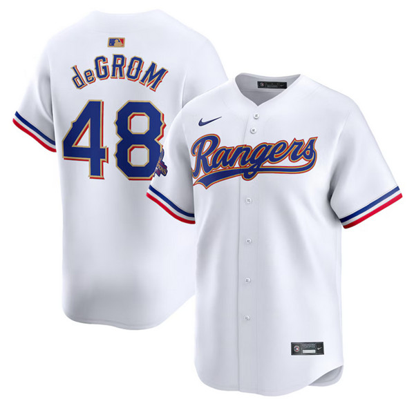 Men's Texas Rangers #48 Jacob deGrom White 2024 Gold Collection Cool Base Baseball Stitched Jersey