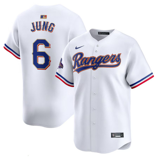 Men's Texas Rangers #6 Josh Jung White 2024 Gold Collection Cool Base Baseball Stitched Jersey