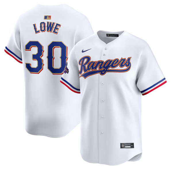 Men's Texas Rangers #30 Nathaniel Lowe White 2024 Gold Collection Cool Base Baseball Stitched Jersey