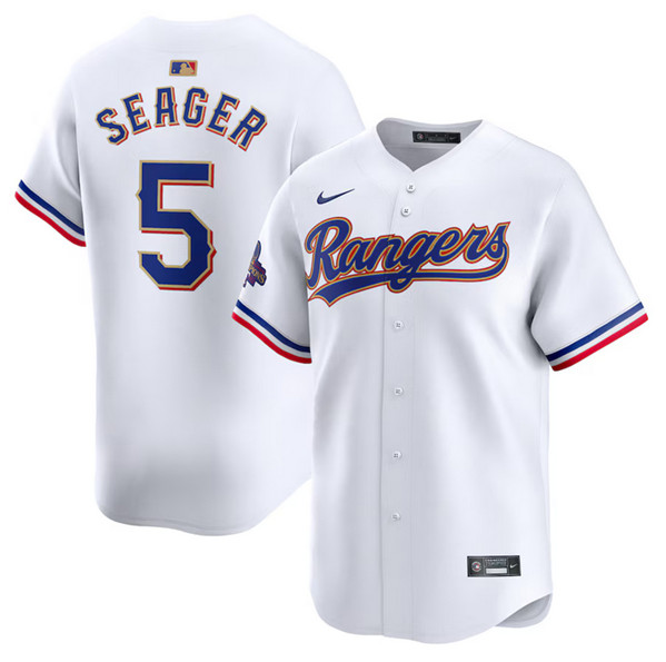 Men's Texas Rangers #5 Corey Seager White 2024 Gold Collection Cool Base Baseball Stitched Jersey