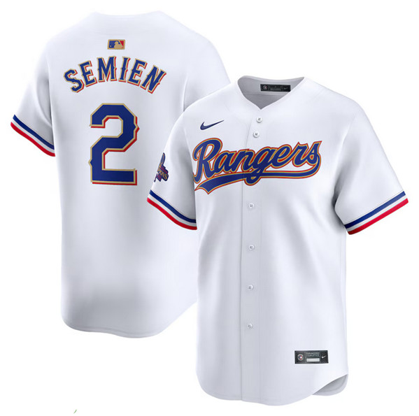 Men's Texas Rangers #2 Marcus Semien White 2024 Gold Collection Cool Base Baseball Stitched Jersey