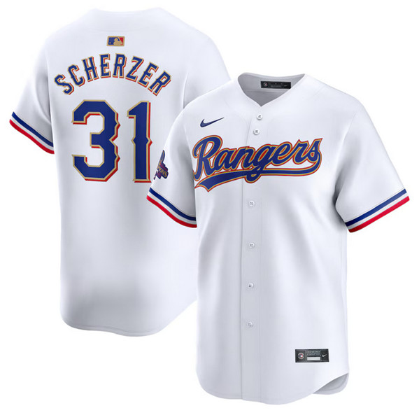 Men's Texas Rangers #31 Max Scherzer White 2024 Gold Collection Cool Base Baseball Stitched Jersey