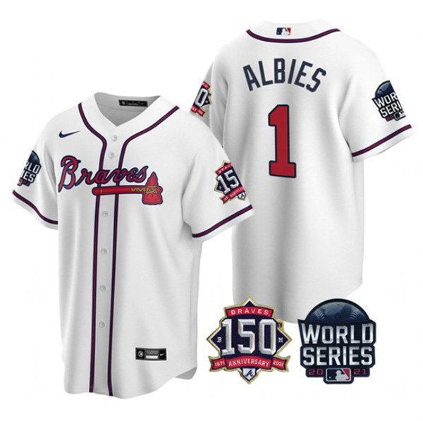 Men's Atlanta Braves #1 Ozzie Albies 2021 White World Series With 150th Anniversary Patch Cool Base Stitched Jersey
