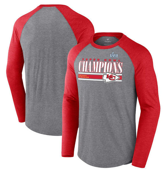 Men’s Kansas City Chiefs Gray/Red Super Bowl LVII Champions Perfect Addition Tri-Blend Raglan Long Sleeve T-Shirt