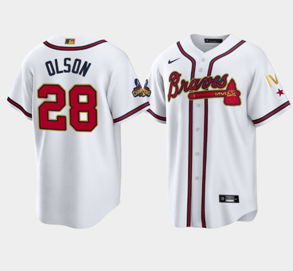 Men's Atlanta Braves #28 Matt Olson 2022 White/Gold World Series Champions Program Cool Base Stitched Baseball Jersey