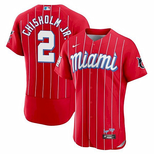 Men's Miami Marlins #2 Jazz Chisholm Red 2021 City Connect Flex Base Stitched MLB Jersey