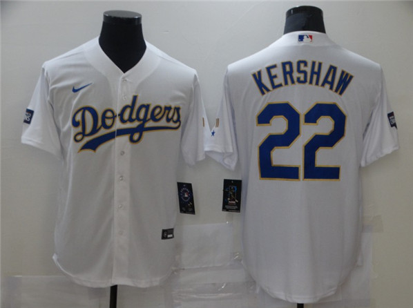 Men's Los Angeles Dodgers #22 Clayton Kershaw White Gold Championship Cool Base Sttiched MLB Jersey