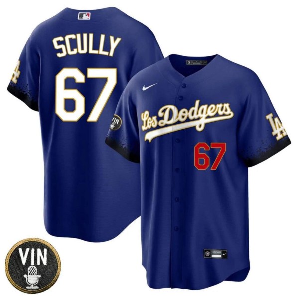 Men's Los Angeles Dodgers #67 Vin Scully Blue 2022 White Vin Scully Patch Cool Base Stitched Baseball Jersey