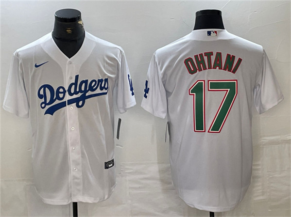 Men's Los Angeles Dodgers #17 Shohei Ohtani White/Green Cool Base Stitched Baseball Jersey