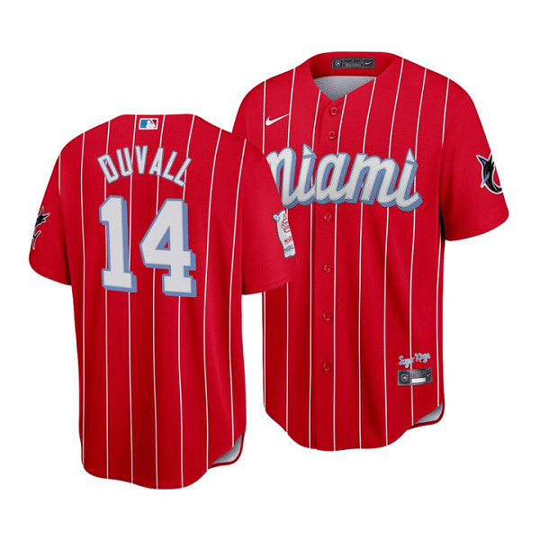 Men's Miami Marlins #14 Adam Duvall 2021 Red City Connect Cool Base Stitched MLB Jersey