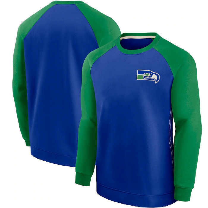Men's Seattle Seahawks Blue/Green Historic Raglan Crew Performance Sweater