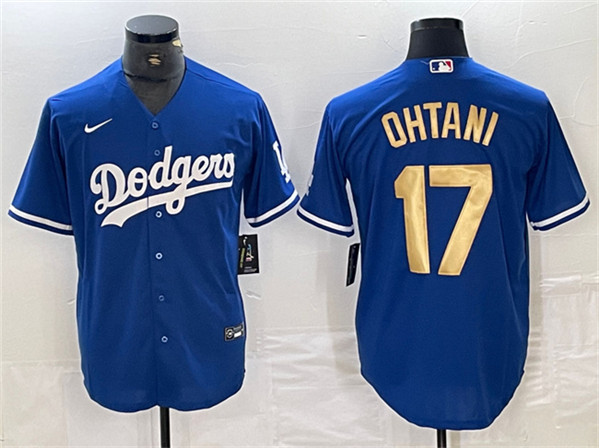 Men's Los Angeles Dodgers #17 Shohei Ohtani Blue/Gold Cool Base Stitched Baseball Jersey