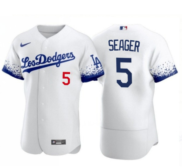 Men's Los Angeles Dodgers #5 Corey Seager 2021 White City Connect Flex Base Stitched Baseball Jersey