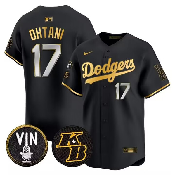 Men's Los Angeles Dodgers #17 Shohei Ohtani Black/Gold Vin & Kobe Patch Cool Base Stitched Baseball Jersey