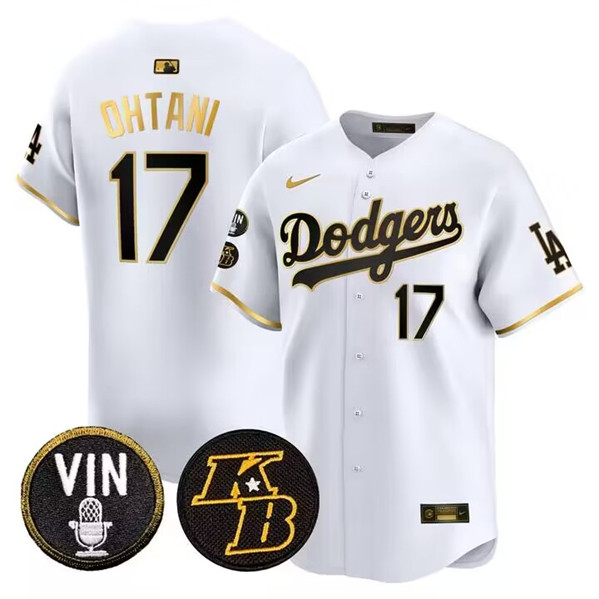 Men's Los Angeles Dodgers #17 Shohei Ohtani White/Gold Vin & Kobe Patch Cool Base Stitched Baseball Jersey